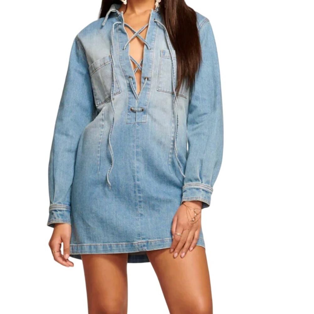 Ramy Brook Wynter Lace Up Denim Shirt Tunic Dress Small- Western
